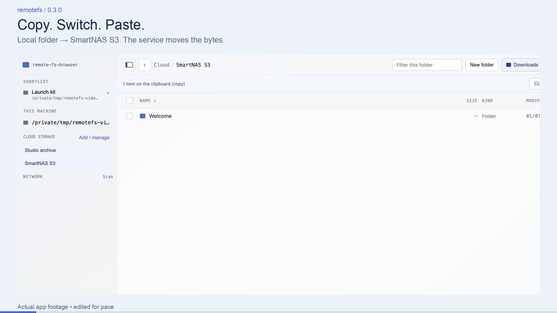 Actual remotefs manager showing a repository on an SMB share, sidebar locations and file listings